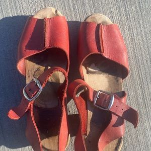 Swedish Hasbeen clog heels red. Worn footbed but good condition on the sole